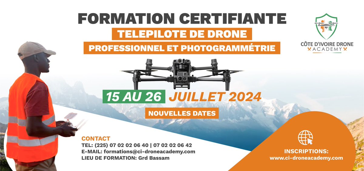 Rejoignez-nous pour la formation internationale de télépilote professionnel à Côte-d'Ivoire Drone Academy du 15 au 26 juillet 2024, à #Vitib Grand Bassam  - il ne reste que 3 places ! 🌍Obtenez un certificat reconnu dans plus de 120 pays. #DroneTraining   #CIV225