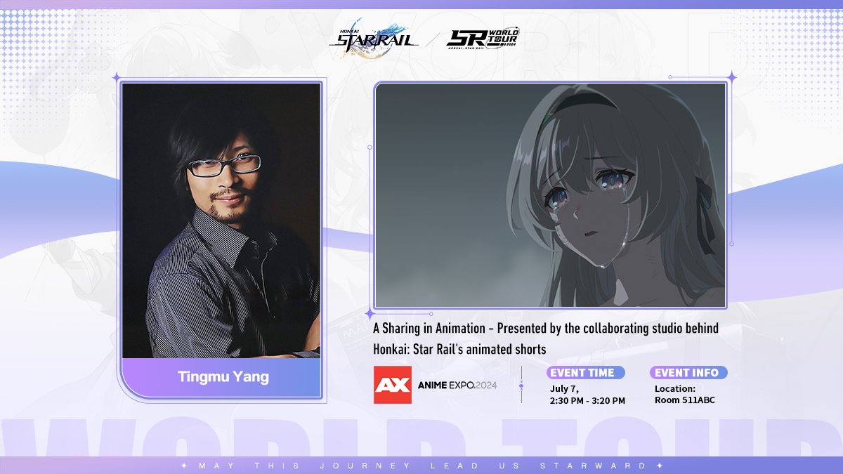 We're excited to announce our second Anime Expo panel, 'A Sharing in Animation - Presented by the collaborating studio behind Honkai: Star Rail's animated shorts!' 

Learn the step-by-step processes behind what makes a successful animation, presented by Tingmu Yang, an industry