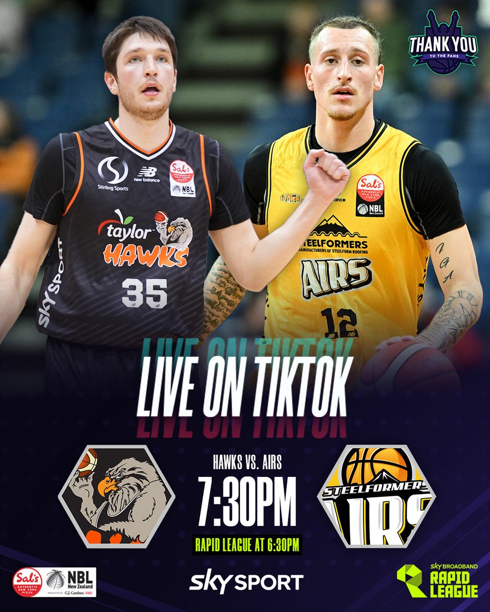TUNE IN ON TIKTOK 📲🍿

The Hawks host the Airs in a crucial battle to tip-off Round 14 🔥

➡️Rapid League at 6:30pm on Sky Sport 2
➡️NBL at 7:30pm on TikTok LIVE &amp; Sky Sport 2

Watch hoops for FREE, ask the commentators questions, win some prizes.... get amongst it with us! 🥳