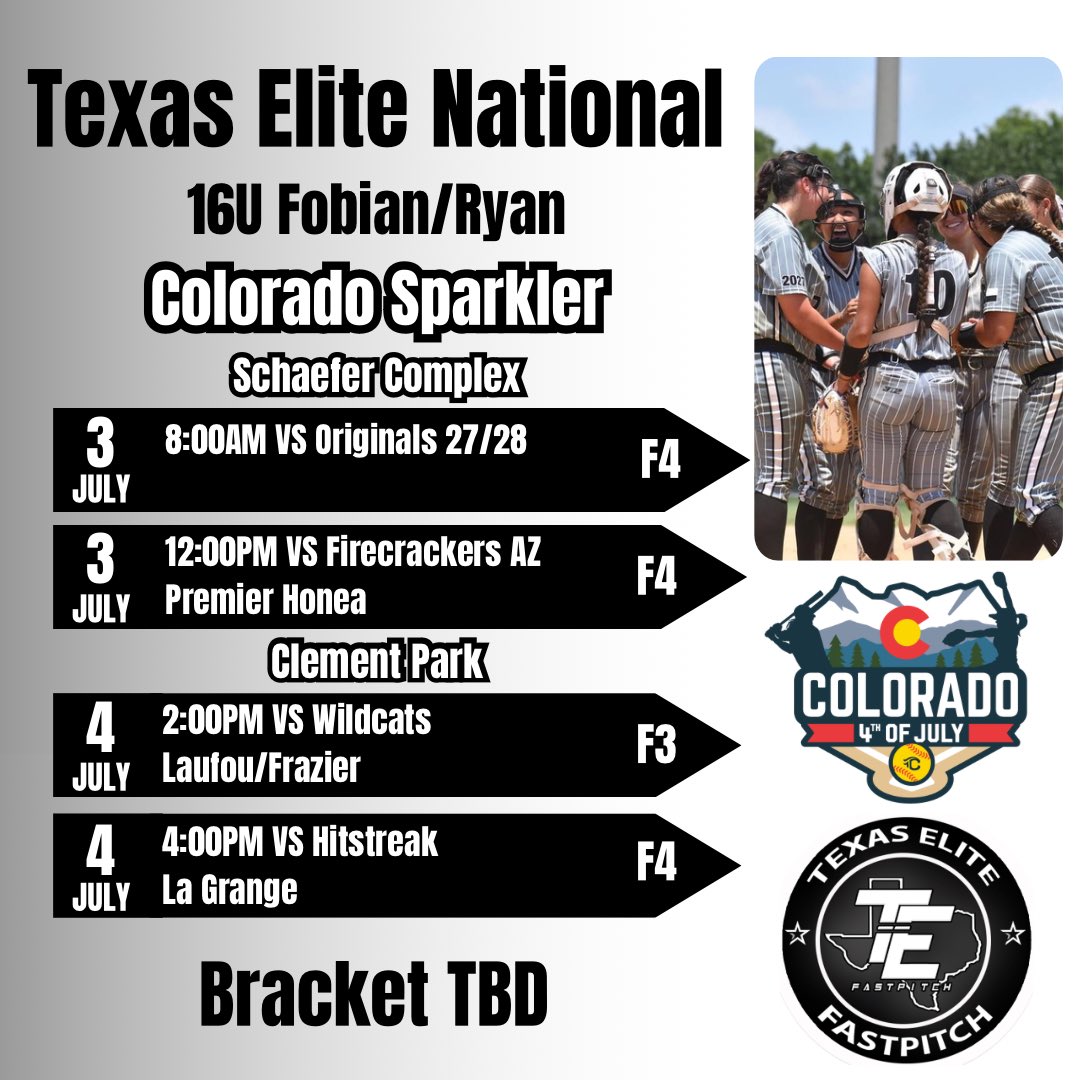 Texas Elite 16U National Fobian/Ryan (@tenational16u) on Twitter photo Colorado we are ready to compete! See you in Denver! #BeElite #BowBow ‼️💜💥 <a href="/COSparkFire/">CO 4th of July</a> <a href="/TCSFastpitch/">TC Fastpitch</a> <a href="/tc_collegecoach/">TC College Coaches</a> Colorado we are ready to compete! See you in Denver! #BeElite #BowBow ‼️💜💥 <a href="/COSparkFire/">CO 4th of July</a> <a href="/TCSFastpitch/">TC Fastpitch</a> <a href="/tc_collegecoach/">TC College Coaches</a>