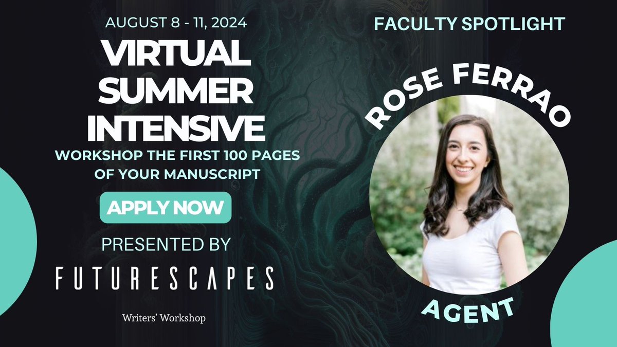 Futurescapes Workshop (@futurescapes) on Twitter photo Summer Intensive Faculty Highlight: PS Literary Agent <a href="/roseferrao/">Rose Ferrao</a>! Join Rose and the other amazing faculty to workshop the first 100 pages of your manuscript! Next application date is July 6! l8r.it/UFpc
#FuturescapesWorkshop #SpeculativeFiction #writingworkshop Summer Intensive Faculty Highlight: PS Literary Agent <a href="/roseferrao/">Rose Ferrao</a>! Join Rose and the other amazing faculty to workshop the first 100 pages of your manuscript! Next application date is July 6! l8r.it/UFpc
#FuturescapesWorkshop #SpeculativeFiction #writingworkshop