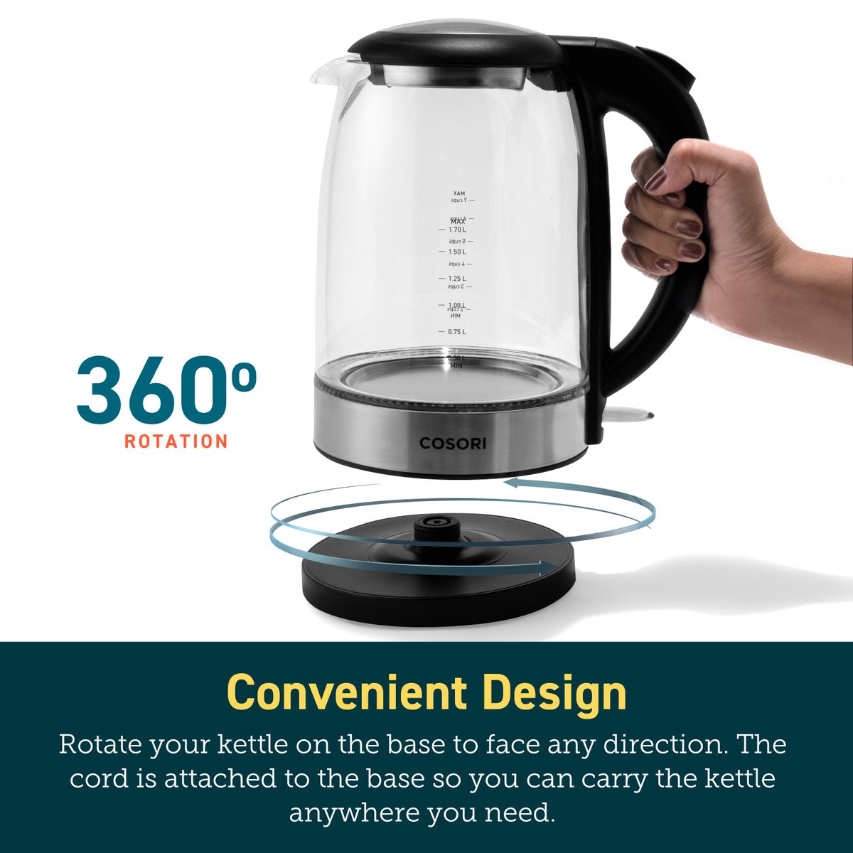 cosoriph's tweet image. Say hello to convenience with the COSORI Kettle! Featuring a 360° rotation design, you can easily rotate your kettle on the base to face any direction. The cord is attached to the base, allowing you to carry the kettle anywhere you need #CosoriPhilippines #ConvenientDesign