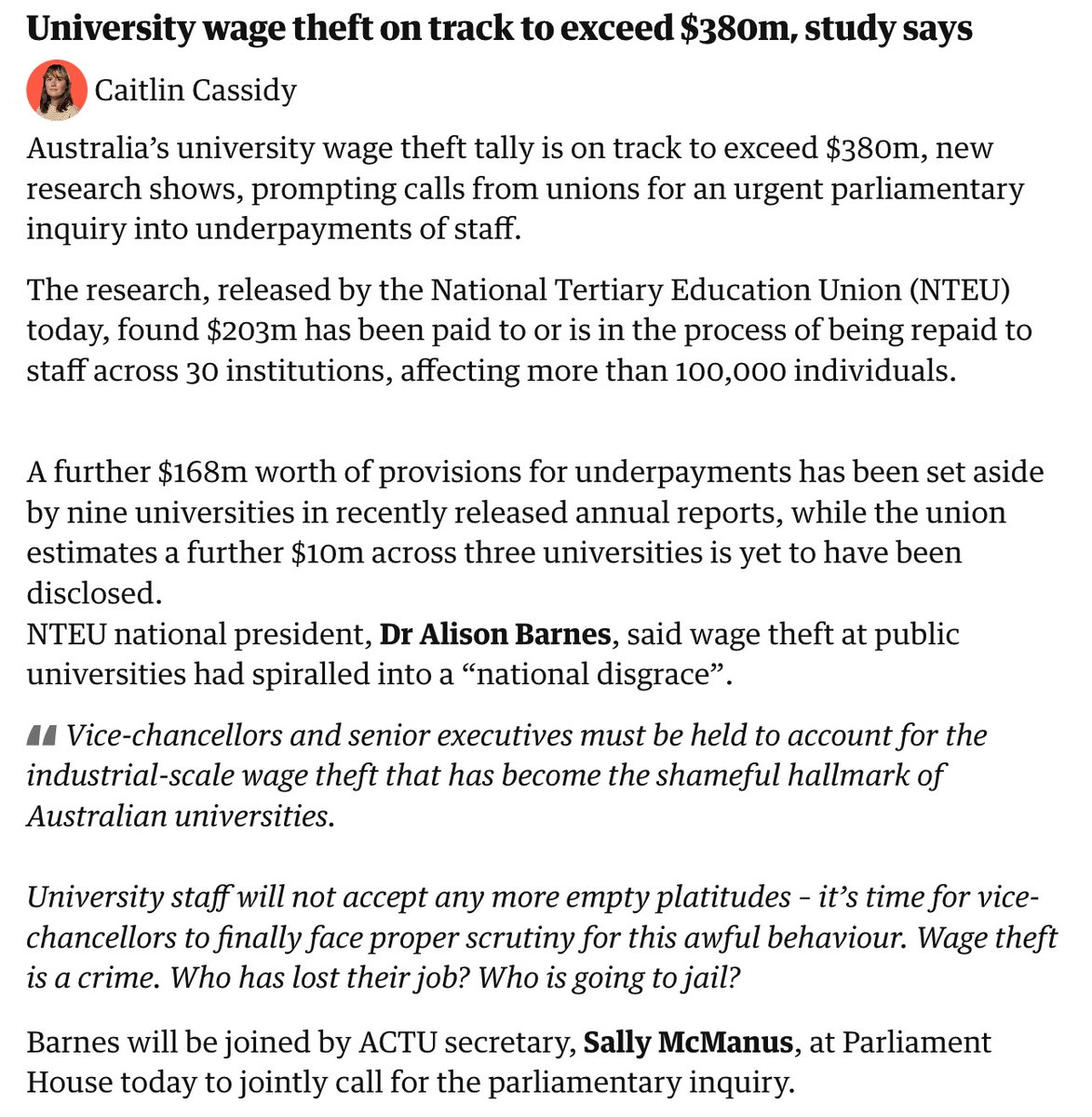 NTEU (@nteunion) on Twitter photo We are calling for an urgent federal parliamentary inquiry into university wage theft. Download and share our new Wage Theft Report here: nteu.info/wagetheft #auspol2024 <a href="/GuardianAus/">Guardian Australia</a> We are calling for an urgent federal parliamentary inquiry into university wage theft. Download and share our new Wage Theft Report here: nteu.info/wagetheft #auspol2024 <a href="/GuardianAus/">Guardian Australia</a>
