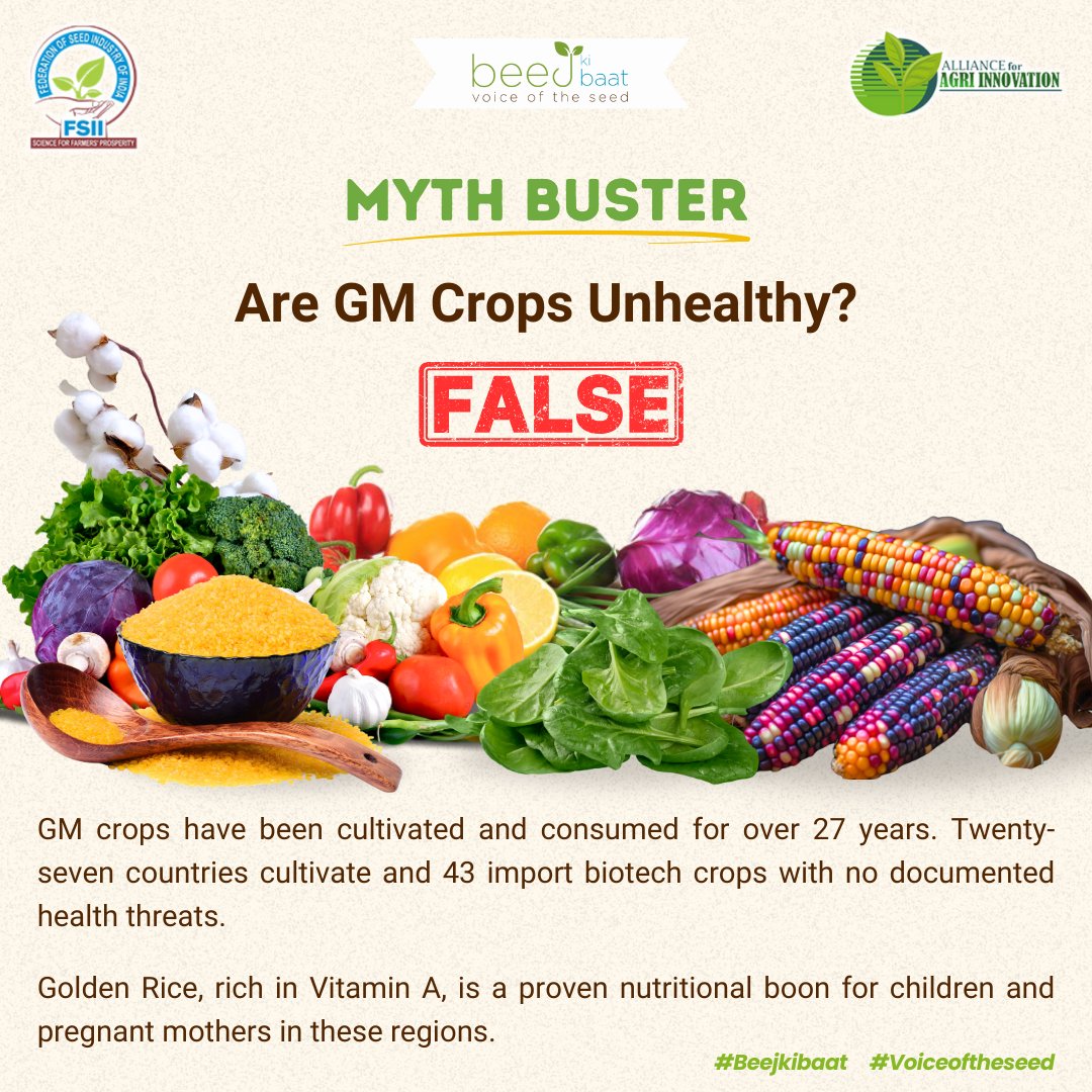 FSII_India's tweet image. Biotech crops like Golden Rice are transforming nutrition in developing countries. Nutritious, Safe, and nurturing—let’s embrace the facts! 

#agriculture #biotechcrops #crops #mythbuster #biotech #safefood #foodsecurity #biotechnology #gmcrops #beejkibaat #voiceoftheseed #fsii