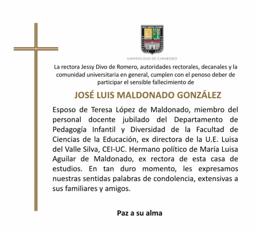 La rectora <a href="/jessydivo/">Jessy Divo De Romero</a> y demás autoridades lamentan el fallecimiento del Dr. José Luis Maldonado González. Paz a su alma.