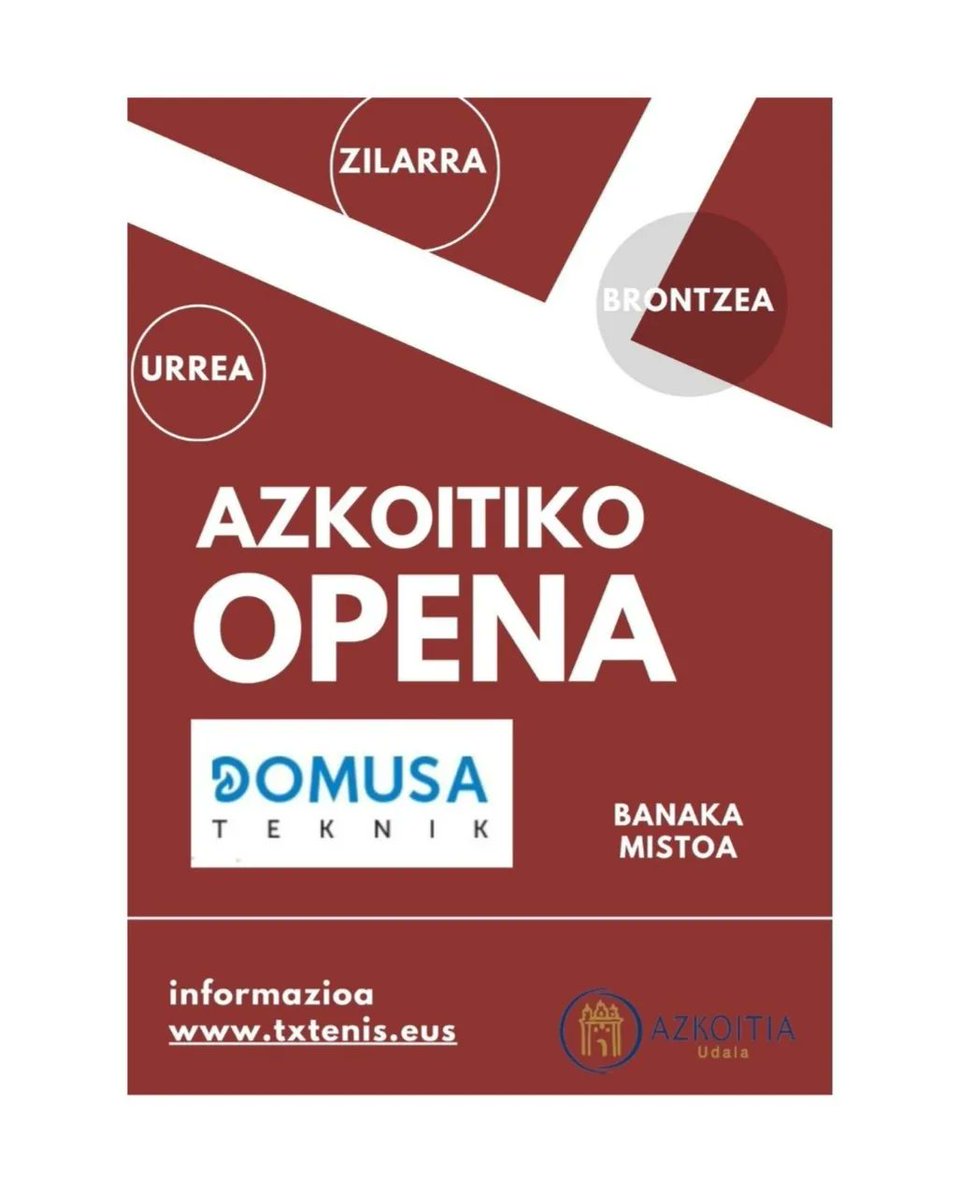 txtenis's tweet image. 🏆|AZKOITIKO OPEN |

Bihar goizeko 10:00 etatik aurrera jokatuko dira Azkoitiko Openeko finalak. Urre eta brontze mailako finalak jokatuko dira

🥇Jon Orbegozo-Unai Alcorta
🥉Aritz Azkune-Inax Garmendia

Anima zaitezte tenis giroko goiza pasatzera!
 #domusateknik #AzkoitikoOpena