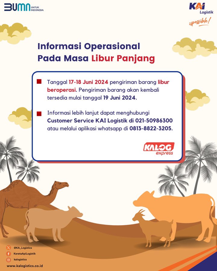 KA_Logistics's tweet photo. Hai, Sobat KALOG!

Simak konten berikut terkait informasi waktu operasional KALOG Express pada masa libur panjang di minggu ini.

DM Karolina atau CS KAI Logistik untuk informasi lebih detailnya!

#KAILogistik #KirimPaket #kalogexpress #kailogistikispossible https://t.co/NQ0G0BvVlL