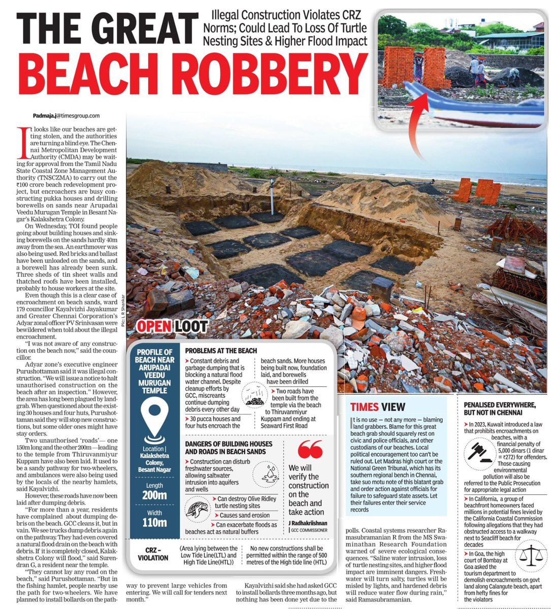 padmajaJ_'s tweet image. Beach robbery in broad daylight! 🏖️ Chennai&apos;s shores near Kalakshetra Colony, Besant Nagar are under siege as encroachers build pukka houses and sink borewells right on the sand, just 30-40m from the sea. Earthmovers in action, bricks unloaded, and authorities &quot;shocked&quot; but…