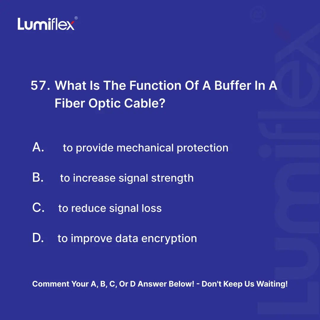 lumiflex_c's tweet image. Q&amp;amp;A 57) :- What is the function of a buffer in a fiber optic cable?

Visit our website:- lumiflex.in

Contact no:- 9833834019 / 7021969960

Email id:- sales@lumiflex.in
