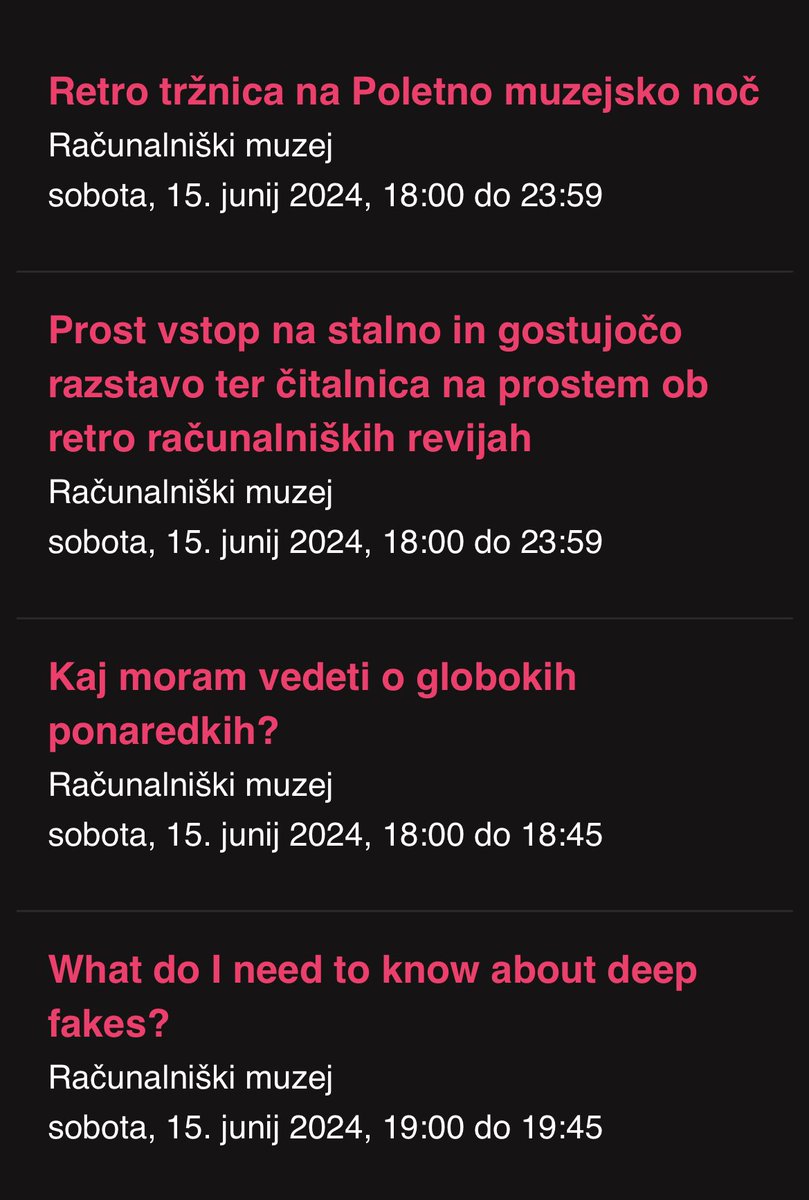 V sveži posodobiti našega agregatorja smo začeli zbirati tudi dogodke iz <a href="/muzej/">Računalniški muzej / Computer History Museum 🇸🇮</a>! 🚀
Prototype: dogodki.ogrodje.si #ogrodje