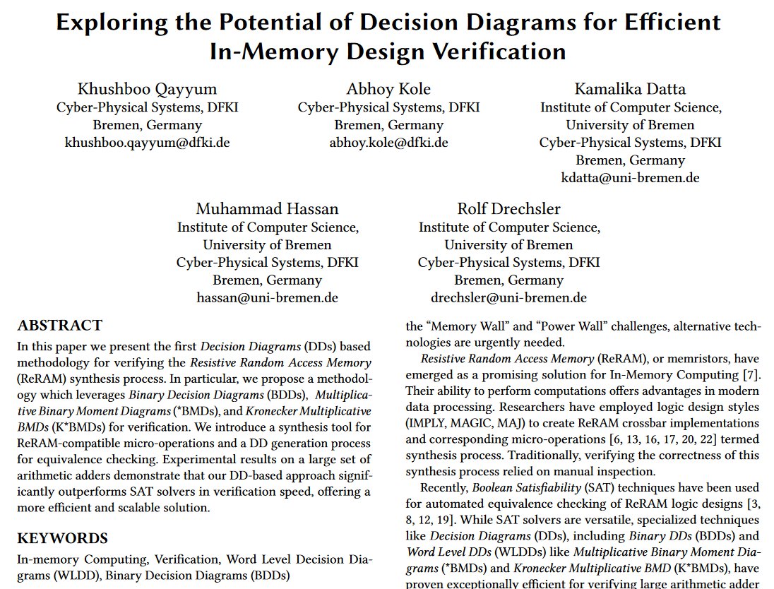 Rolf_Drechsler's tweet image. #GLSVLSI2024 - our paper presented at Great Lakes Symposium on VLSI 2024 on "Exploring the Potential of Decision Diagrams for Efficient In-Memory Design Verification" is now available #online dl.acm.org/doi/10.1145/36… #LogicInMemory #Verification @agra_uni_bremen @DSC_unibremen