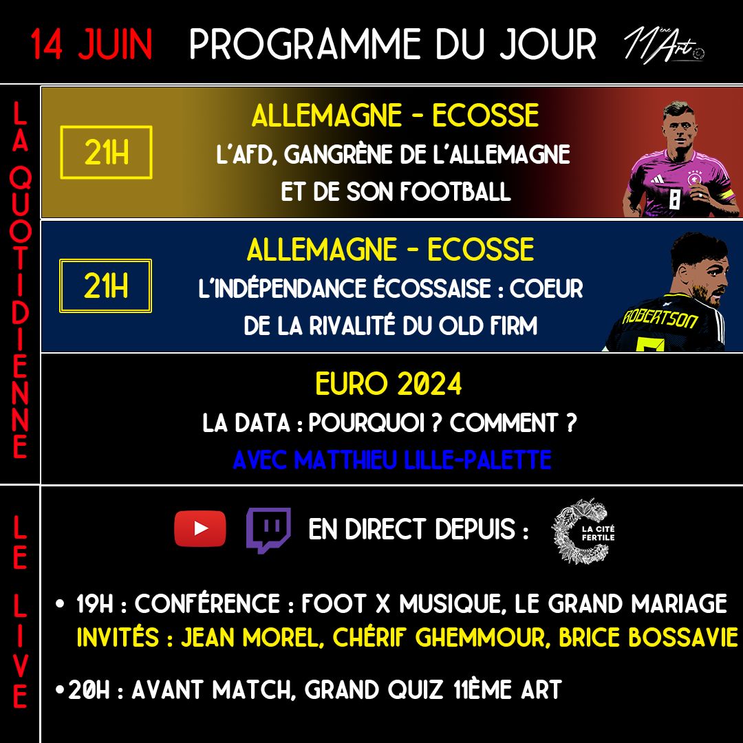 11ème Art (@11emeart) on Twitter photo 🚨 La Quotidienne, 14 juin 🚨
Match d'ouverture de l'Euro ajd, et donc 1ère émission de notre Quotidienne.
Au menu, la montée de l'extrême droite en 🇩🇪, les velleités d'indépendance de 🏴, et un petit cours sur la Data avec <a href="/MatthieuLilleP/">Matthieu LP</a>.
Liens ⤵️
buff.ly/3tX79X5 🚨 La Quotidienne, 14 juin 🚨
Match d'ouverture de l'Euro ajd, et donc 1ère émission de notre Quotidienne.
Au menu, la montée de l'extrême droite en 🇩🇪, les velleités d'indépendance de 🏴, et un petit cours sur la Data avec <a href="/MatthieuLilleP/">Matthieu LP</a>.
Liens ⤵️
buff.ly/3tX79X5