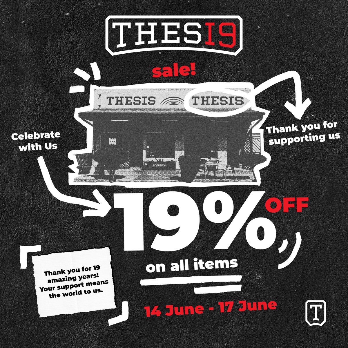 Here is to #19YearsOfThesis 🙌🏾🖤. And with that, we want to say thank you for 19 years of support. Visit any of our stores from the 14 - 17 June 2024 for a 19% off sale.

And when you purchase online use this discount code THESIS19
thesislifestyle.co.za