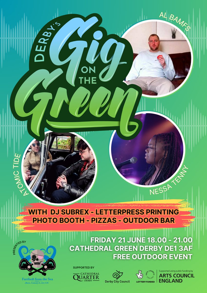 FurthestFromTheSea (@furthestfromsea) on Twitter photo 'Gig on the Green' Friday 21st June 6pm - 9pm Al Bamfs, Atomic Tide and Ness Denny with DJ Subrex Cathedral Green Derby Free live music, Photo Booth, Bar, Pizza
<a href="/BBCDerby/">BBC Derby</a> <a href="/DerbyCQ/">Cathedral Quarter</a> <a href="/derbymuseums/">Derby Museums</a> <a href="/ace_national/">Arts Council England</a> <a href="/DerbyCC/">Derby City Council</a> #livemusic #derbymusic <a href="/DerbyUni/">University of Derby</a> 'Gig on the Green' Friday 21st June 6pm - 9pm Al Bamfs, Atomic Tide and Ness Denny with DJ Subrex Cathedral Green Derby Free live music, Photo Booth, Bar, Pizza
<a href="/BBCDerby/">BBC Derby</a> <a href="/DerbyCQ/">Cathedral Quarter</a> <a href="/derbymuseums/">Derby Museums</a> <a href="/ace_national/">Arts Council England</a> <a href="/DerbyCC/">Derby City Council</a> #livemusic #derbymusic <a href="/DerbyUni/">University of Derby</a>