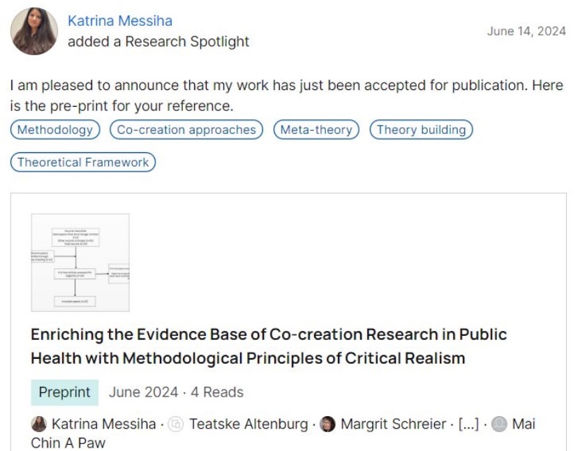 health_cascade's tweet photo. Big congratulations for our @MSCActions PhD Fellow Katrina Messiha (ESR1) for publication acceptance of study: ‘Enriching the Evidence Base of Co-creation Research in Public Health with Methodological Principles of Critical Realism’ @CPHjournal! Pre-print: https://t.co/f49UynVwt8 https://t.co/SXlLebsvHW