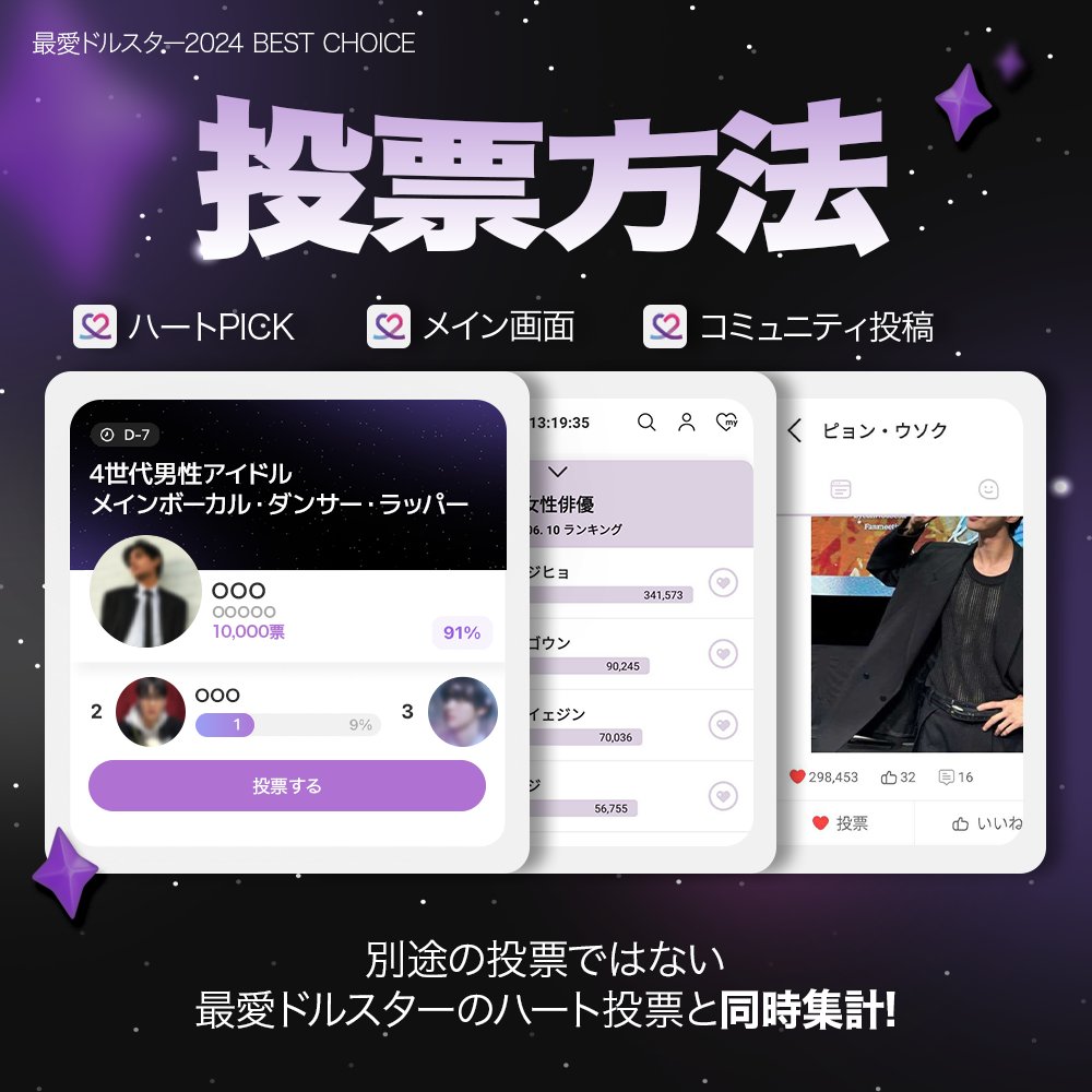lovekoreanstar's tweet photo. 🏆 #最愛ドルスター #BEST_CHOICE🏆
2024 上半期最高のスター投票
📢今日からスタート!
🗳️ハートPICK投票する方法
ハートPICK / メイン画面 / コミュニティ投稿で投票可能
最愛ドルスターのハート投票と同時集計!
👉🏻今すぐ投票する https://t.co/H4YryTgcAk https://t.co/EgJjkLHOg9