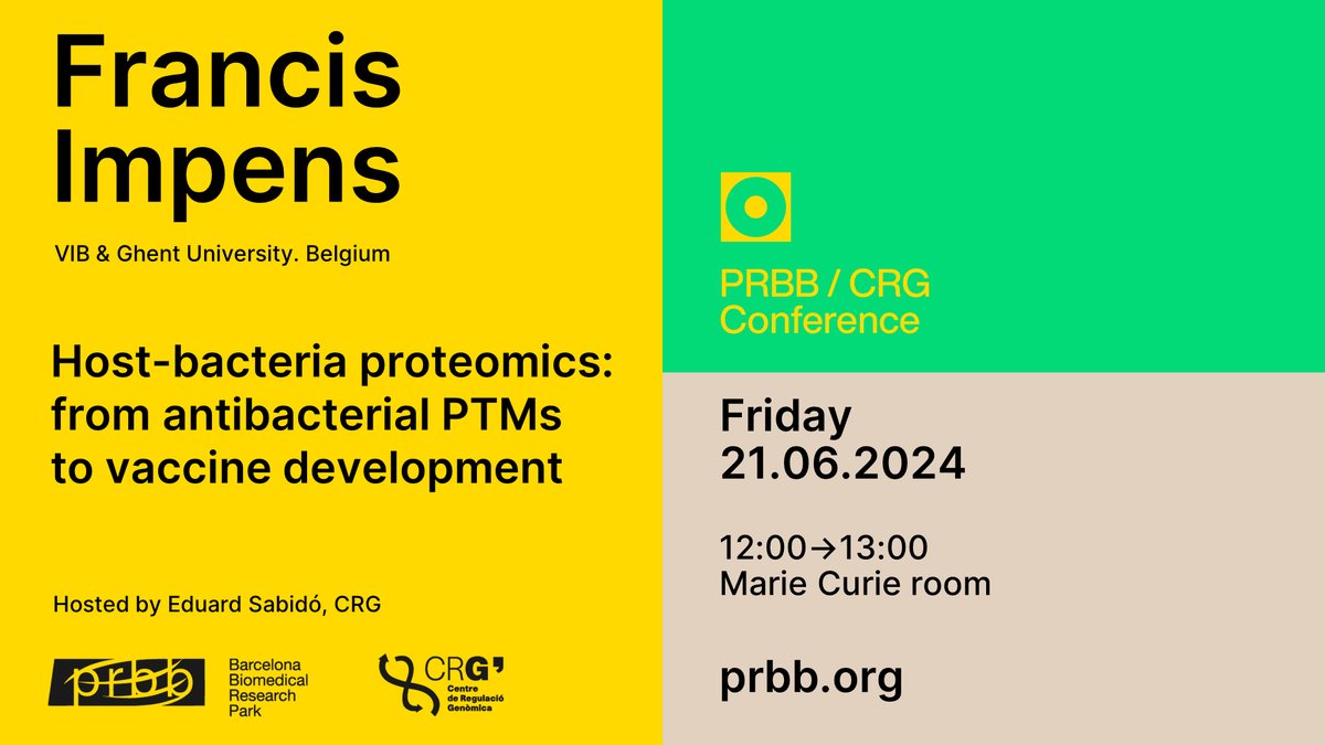 Biomedicina BCN (@the_prbb) on Twitter photo 📣 New PRBB-CRG conference
📋 Host-bacteria proteomics: from antibacterial PTMs to vaccine development
🗣️ Francis Impens (<a href="/ImpensLab/">Impens Lab</a>) - <a href="/VIBLifeSciences/">VIB</a>
📆 June 21 - ⏰ 12:00 CET
hosted by: <a href="/sabidolab/">sabidolab</a> - <a href="/CRGenomica/">Centre for Genomic Regulation (CRG)</a>
📍#PRBB Marie Curie Room 📣 New PRBB-CRG conference
📋 Host-bacteria proteomics: from antibacterial PTMs to vaccine development
🗣️ Francis Impens (<a href="/ImpensLab/">Impens Lab</a>) - <a href="/VIBLifeSciences/">VIB</a>
📆 June 21 - ⏰ 12:00 CET
hosted by: <a href="/sabidolab/">sabidolab</a> - <a href="/CRGenomica/">Centre for Genomic Regulation (CRG)</a>
📍#PRBB Marie Curie Room