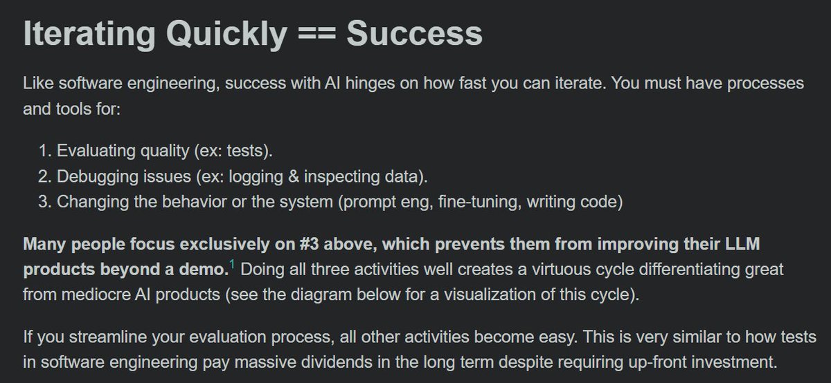 SRK (@sudalairajkumar) on Twitter photo An insightful blog by <a href="/HamelHusain/">Hamel Husain</a> on "Your AI Product Needs Evals" - a must-read for anyone looking to construct robust LLM evaluation systems for their applications.
Here are the three levels of creating LLM evaluation systems:
โจ Level 1 - Unit Tests:
โช Write scoped tests An insightful blog by <a href="/HamelHusain/">Hamel Husain</a> on "Your AI Product Needs Evals" - a must-read for anyone looking to construct robust LLM evaluation systems for their applications.
Here are the three levels of creating LLM evaluation systems:
โจ Level 1 - Unit Tests:
โช Write scoped tests