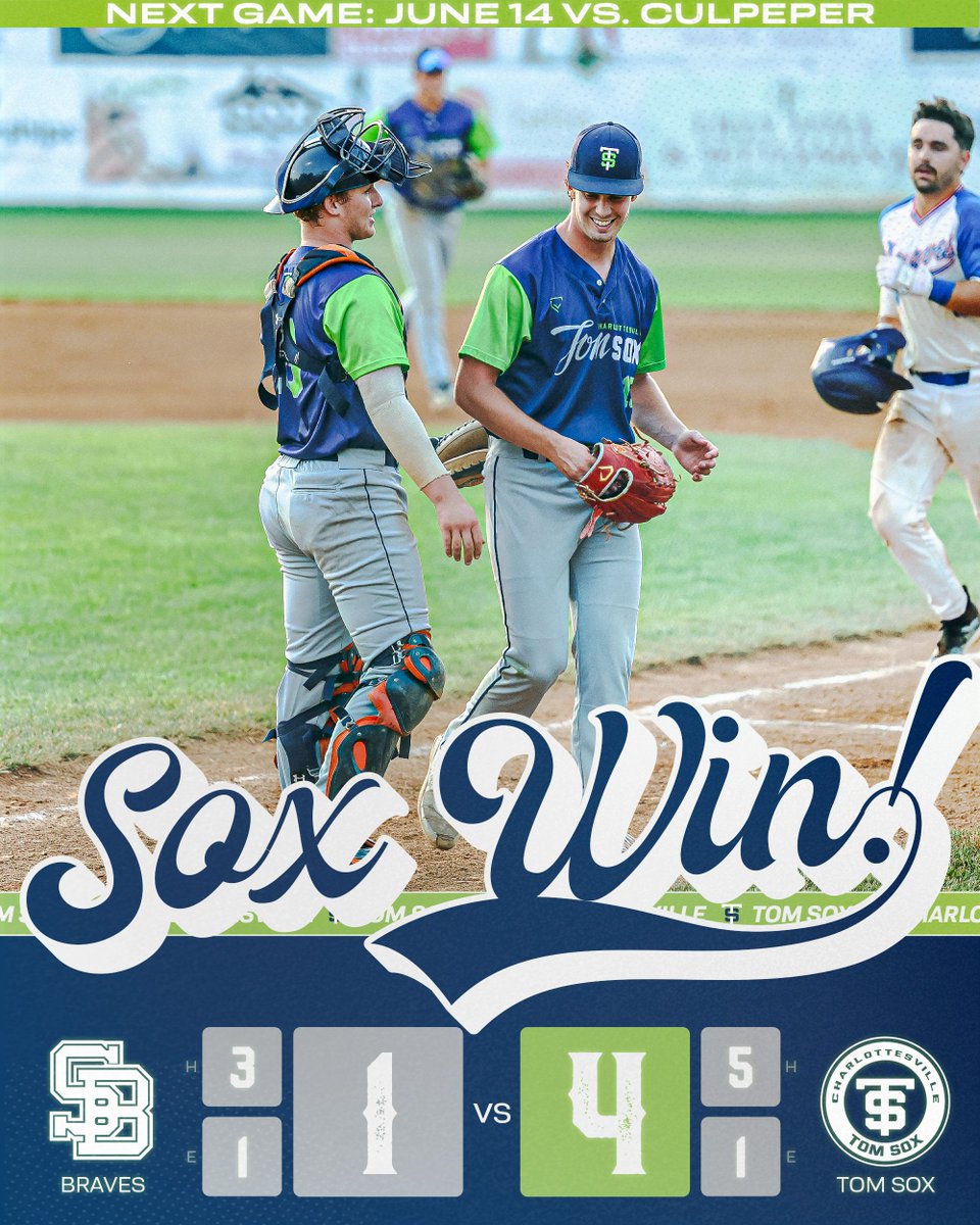 Charlottesville Tom Sox (@cvilletomsox) on Twitter photo SOX WIN. Scorcher from the pitching staff allowing only three hits all night ๐ค
I. Fix (<a href="/DavidsonBASE/">Davidson Baseball</a>): 5.0 IP, 2 H, 2 BB, 6 K, 0 R
N. Sulpizio (<a href="/ODUbaseball/">Old Dominion Baseball</a>): 2.0 IP, 1 H, 1 R, 2 K
D. Powell (<a href="/KSUOwlsBaseball/">Kennesaw State Baseball</a>): 2.0 IP, 1 H, 0 R, 1 K
Back at home tomorrow to face the Cavaliers SOX WIN. Scorcher from the pitching staff allowing only three hits all night ๐ค
I. Fix (<a href="/DavidsonBASE/">Davidson Baseball</a>): 5.0 IP, 2 H, 2 BB, 6 K, 0 R
N. Sulpizio (<a href="/ODUbaseball/">Old Dominion Baseball</a>): 2.0 IP, 1 H, 1 R, 2 K
D. Powell (<a href="/KSUOwlsBaseball/">Kennesaw State Baseball</a>): 2.0 IP, 1 H, 0 R, 1 K
Back at home tomorrow to face the Cavaliers