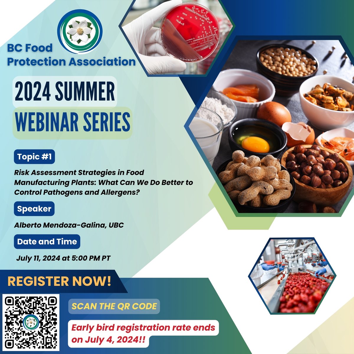 BCFoodPA's tweet photo. BCFPA 2024 SUMMER WEBINAR SERIES

Topic 1: Risk Assessment Strategies in Food Manufacturing Plants: What Can We Do Better to Control Pathogens and Allergens?

Speaker: Alberto Mendoza-Galina, UBC

🗓️Thursday, July 11, 2024
⏰ 5 PM PT
📍 Zoom

Register at https://t.co/TPJeR8hB1x https://t.co/4p4B1XrRGo