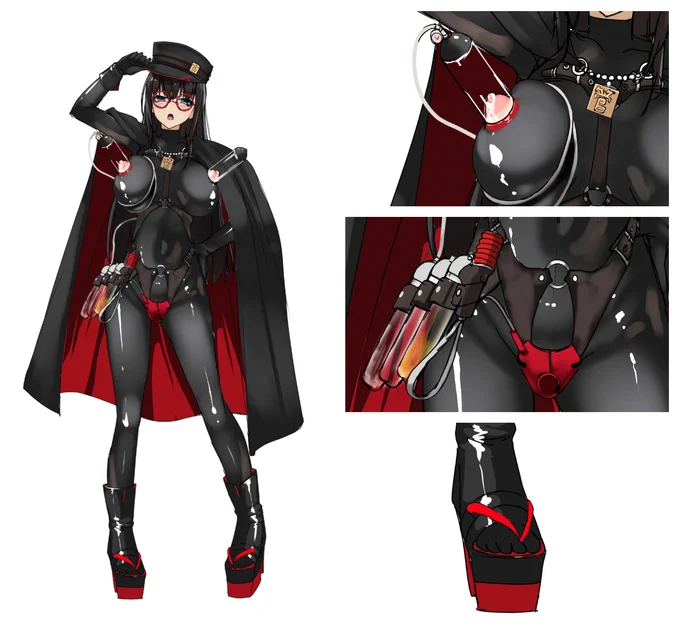 sake缶先生  と作っていた「ラバースーツ大正ロマン搾乳SM」のヒロインデザインが完成しました。黒の面積を多めにして猥褻レトロガジェットを追加。マントを閉じるとほぼ何も見えなくなるんですが、眼鏡のレトロ感と鼻緒ブーツでフェティッシュさを醸し出せるようにした。 
