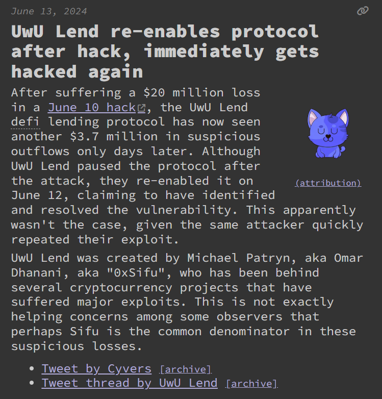 Gets hacked for $20M, turns it off. Turns it back on, gets hacked for another ~$4M. HEX, PulseChain, INC have all operated flawlessly since launch, and HEX is even 4.5 years old now.