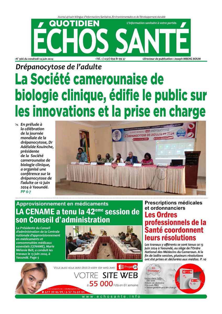**#ÉchosSanté N°966 du 14 juin 2024**

**Drépanocytose de l'adulte : Innovations et prise en charge**

* La Société camerounaise de biologie clinique fait le point.

Abonnez-vous : echosante.info

#Cameroun #Santé #Drépanocytose #Médicaments #Ordonnances**