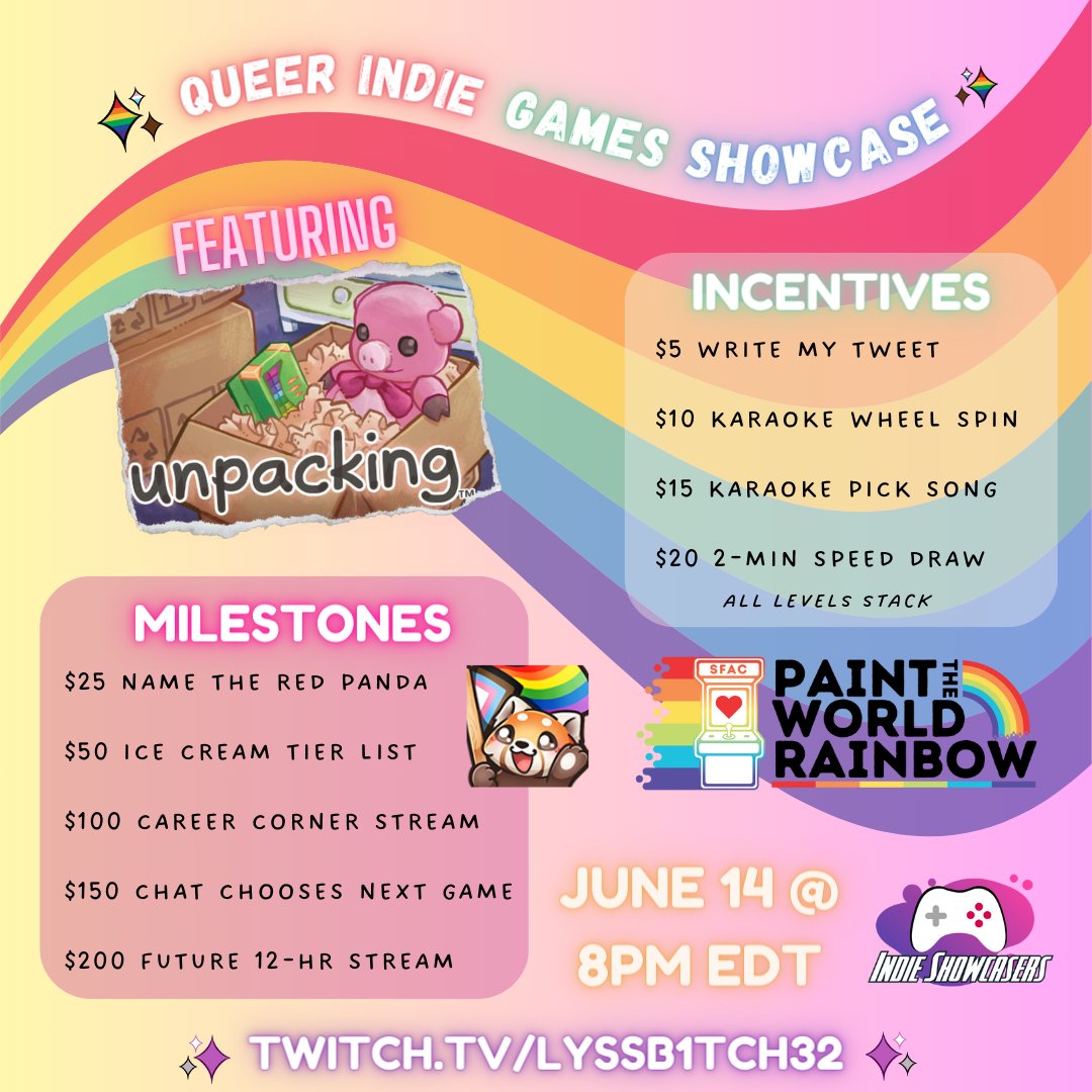 We're having our FIRST charity stream with <a href="/Streamcause/">Stream for a Cause</a> Queer Indie Games Showcase this Friday, June 14 @ 8PM EDT!! We'll be playing <a href="/UnpackingALife/">Unpacking 📦</a> &amp; having a good time! #QIGS2024