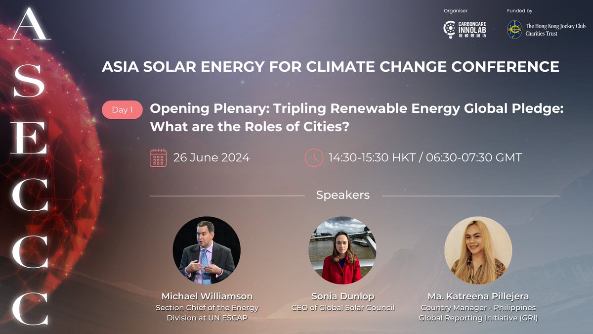 ccil_hk's tweet photo. (1/4) It is our honour to have Michael Williamson from @UNESCAP, @soniakdunlop from @GSolarCouncil and Ma. Katreena Pillejera from Global Reporting Initiative (GRI) as our speakers. Register: https://t.co/QkyJ9DQv6N #ASECCC #ASECCC2024 https://t.co/0Vb6QlH02e