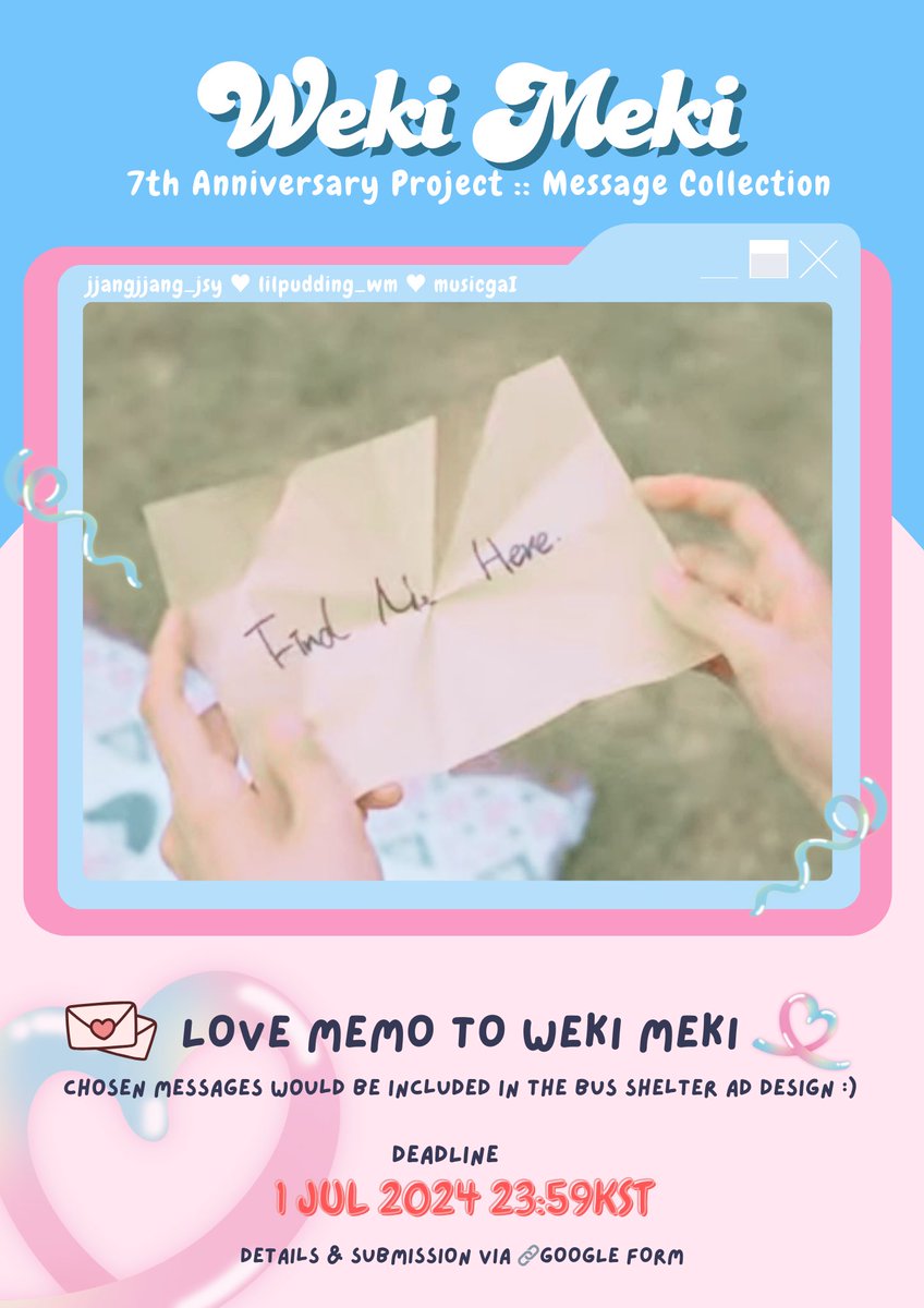 ❤️🧡💛
#WekiMeki 7th Anniversary Support
💌 𝐋𝐨𝐯𝐞 𝐌𝐞𝐦𝐨

Ki-Lings! Submit your ❤️𝐋𝐨𝐯𝐞 𝐌𝐞𝐦𝐨💛 to be included in the bus shelter ad!

📮Details/ Submission
forms.gle/TbzRfZkwQJGxq6…

⏰ ~ 1 Jul 24 23:59KST

#위키미키 <a href="/WekiMeki/">WekiMeki 위키미키</a> #CoinciDestiny