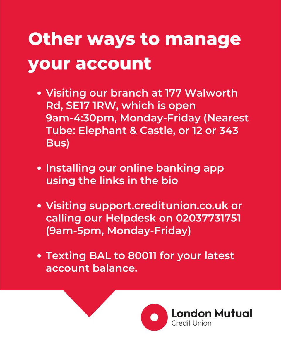 londonmutualcu's tweet photo. We are changing our Heaton Rd (Peckham) branch opening hours on July 1st. The branch will be open on Mondays, Tuesdays, and Fridays.

Manage your account from anywhere by using our online banking app. 
Google Store- https://t.co/Z91OeWow7S
Apple Store- https://t.co/GqKJwLazLv https://t.co/reHZGEgVxX