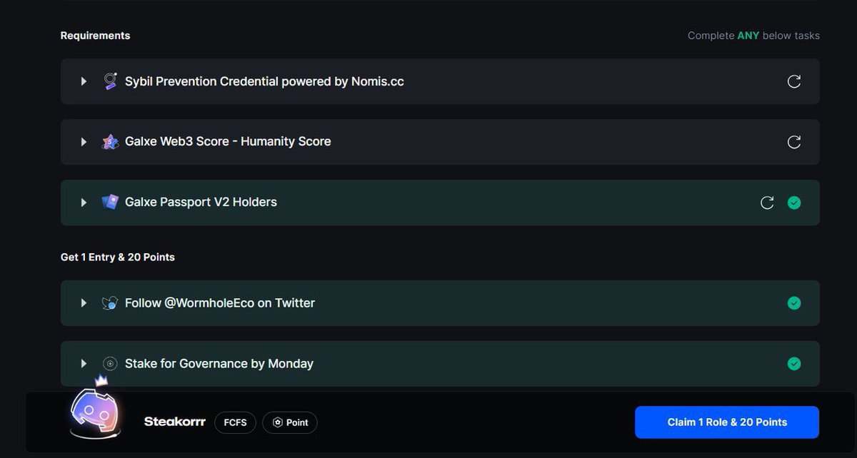 [UPDATE STAKING $W] Ae nào trước có làm lấy Role "Steakorrr" Wormhole thì vào claim nhé🔥 

Để ý theo sát vì khả năng cao đây là tiêu chí nhận Airdrop Monad nhé.

➡️ Claim tại đây app.galxe.com/quest/wormhole…

Xong thì nhớ vào discord wormhole check xem mình đã có role chưa nhé
