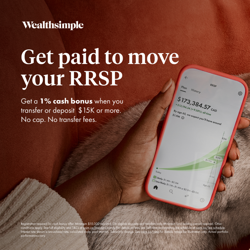 Wealthsimple's tweet photo. Transfer to Wealthsimple, and get a 1% bonus match. No cap. No transfer fees. Min. required. T&amp;Cs apply.