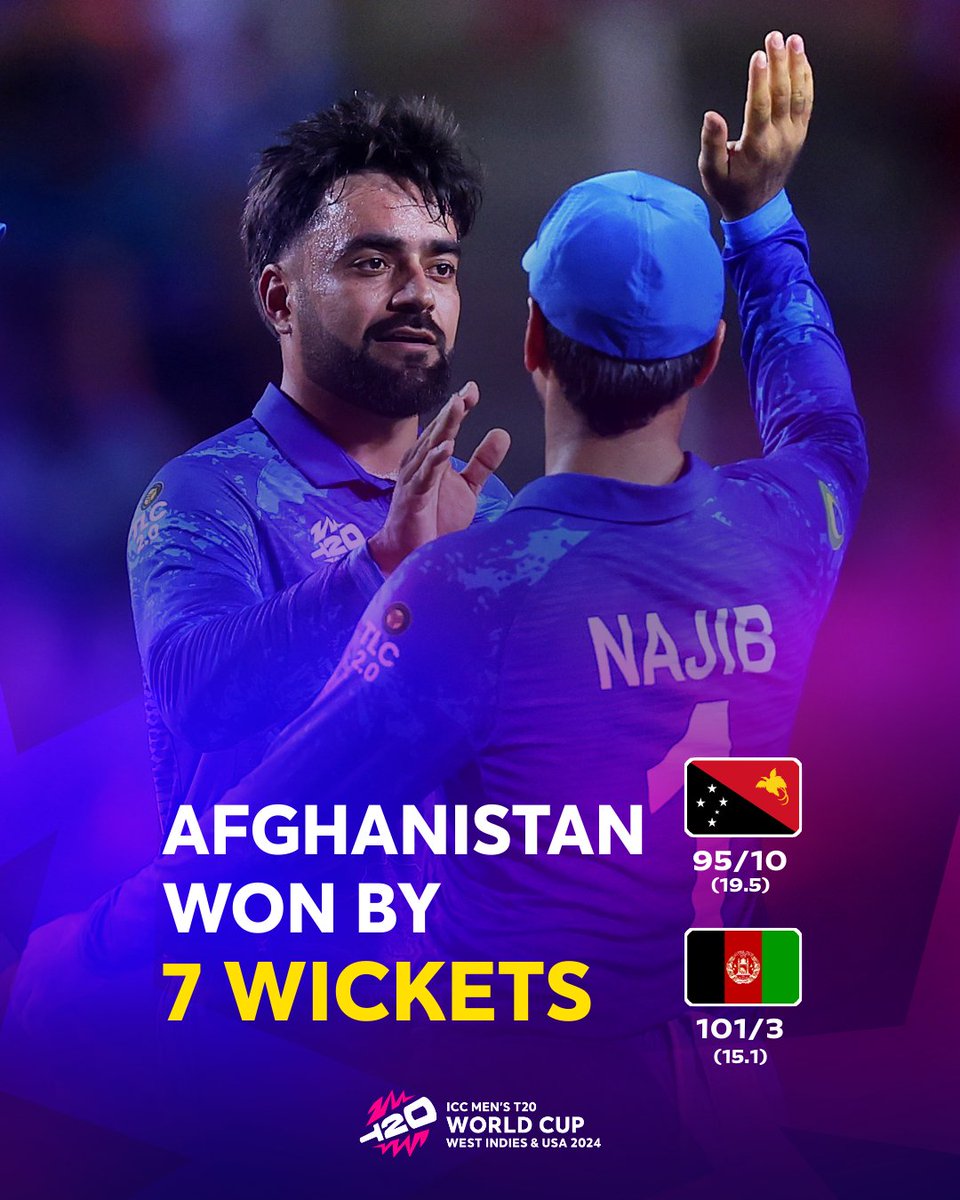 T20WorldCup's tweet photo. Afghanistan are through to the Second Round of #T20WorldCup 2024 after a comprehensive win over PNG 🙌

📝 #AFGvPNG: https://t.co/gJNh4LJu52 https://t.co/RQCK7FGlRd