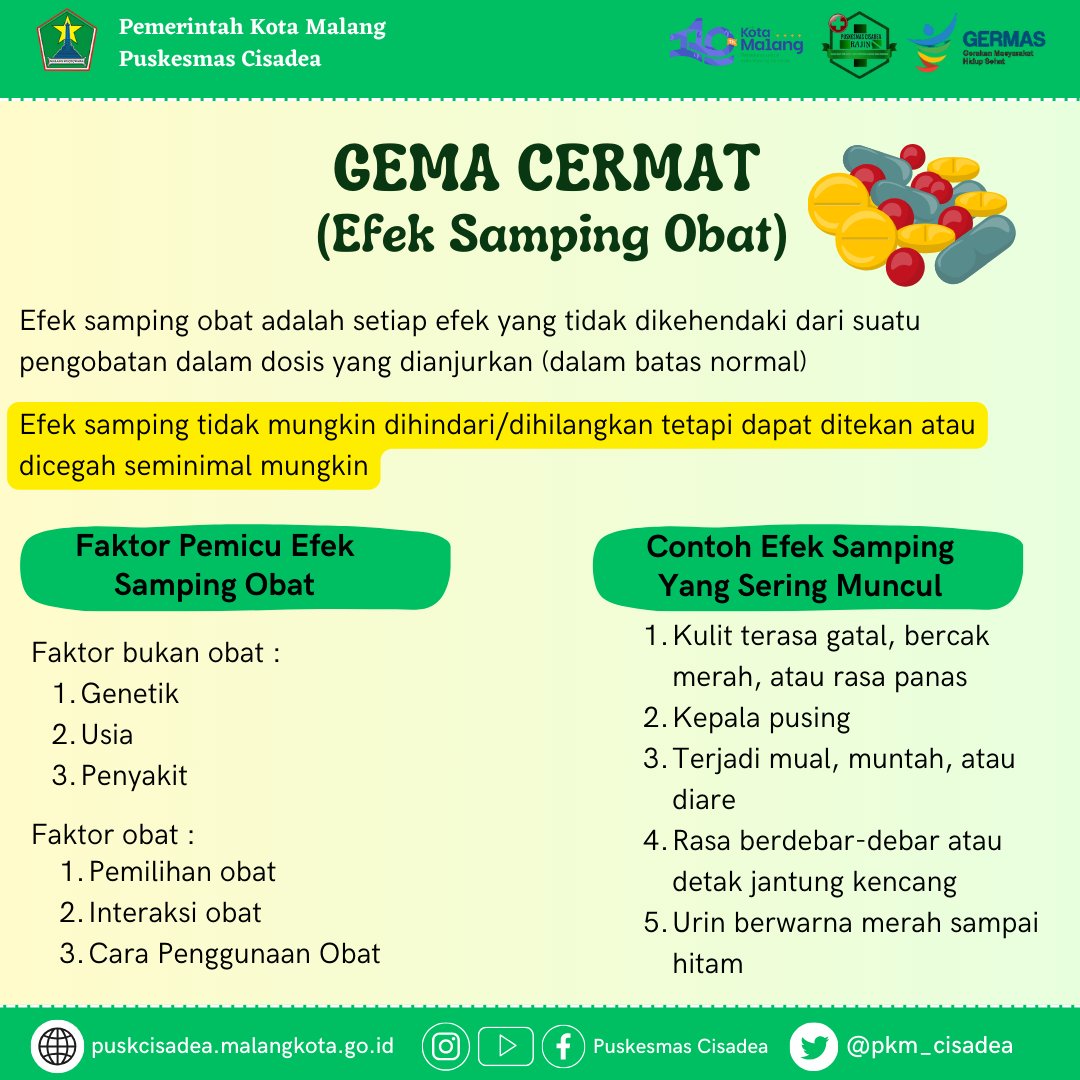 pkm_cisadea's tweet photo. Hallo Sobat Sehat 🤚
Selamat Pagiii
Tahukah sobat sehat mengenai efek samping penggunaan obat. 
Yuk lebih bijak menggunakan obat dan jangan konsumsi obat sembarang ya sobat sehatkuu. 
Lakukan Gerakan Masyarakat Cerdas Menggunakan Obat (Gema Cermat)
Salam Sehat ❤️ https://t.co/ADYhDauT2C