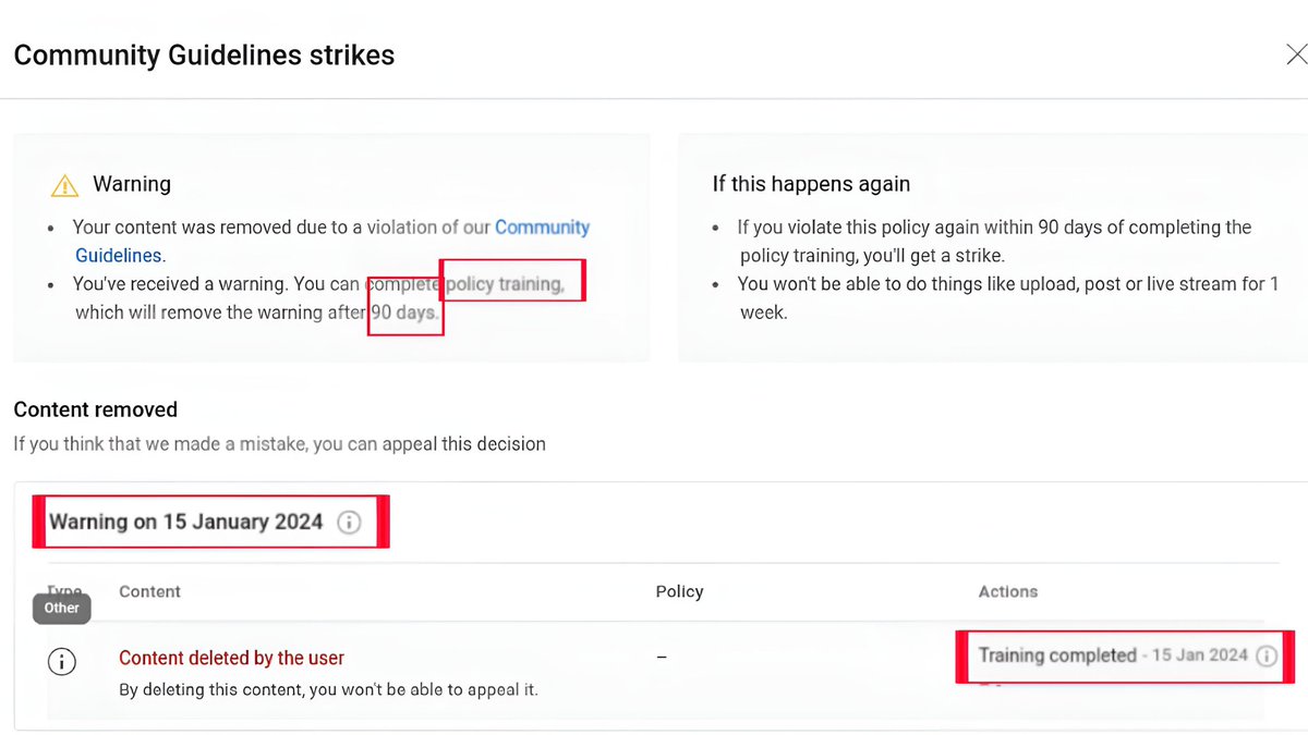 KunalKumarVlog's tweet photo. Hey @TeamYouTube 
i received a warning on 15 jan 2024 after that i completed the training on same day &amp; deleted that video,but still warning is showing in channel dashboard.Why not still remove,it has to be disappeared after 90 days.
Channel URL:- https://t.co/PQcTWfMna0 https://t.co/l7Sn7hK6Lz