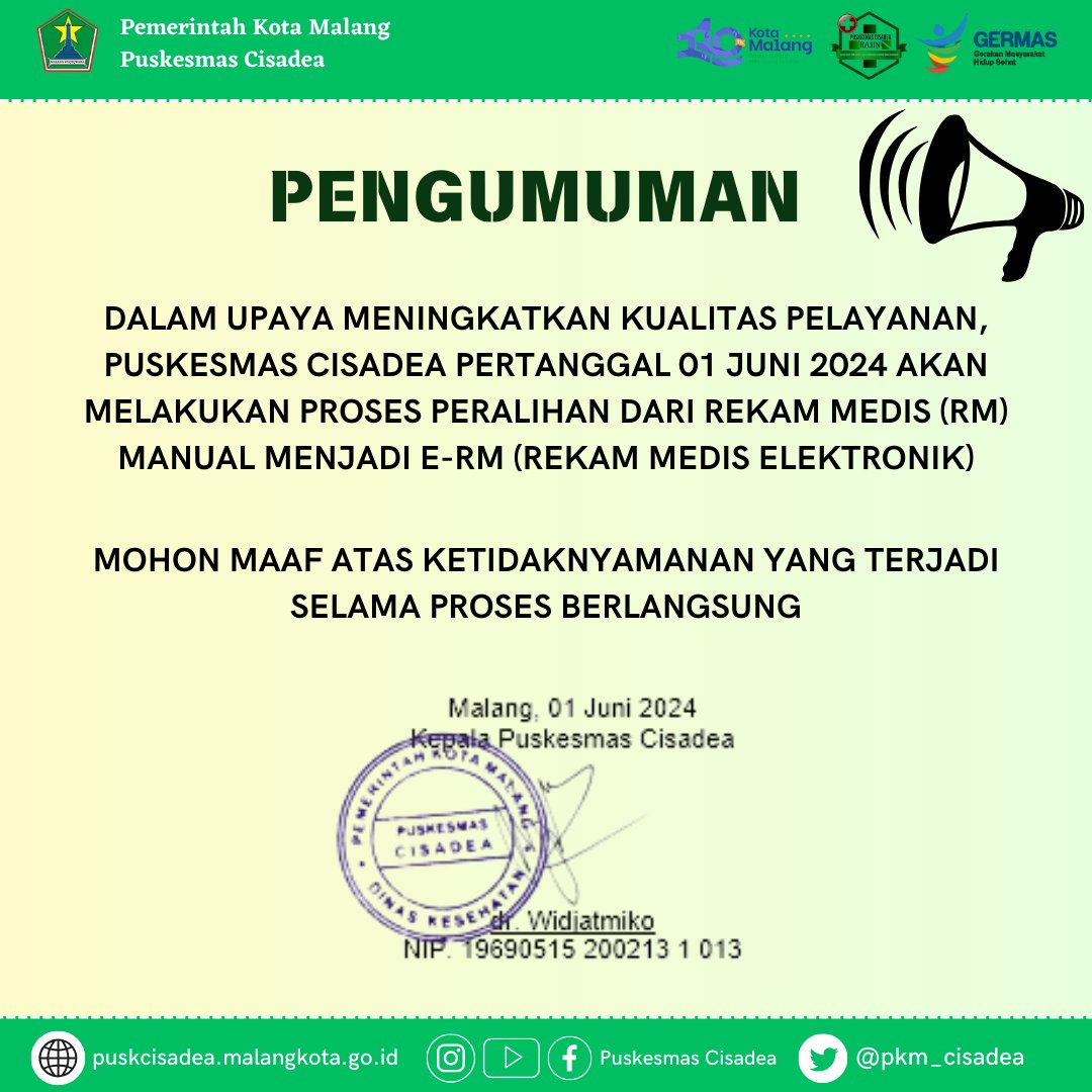 pkm_cisadea's tweet photo. Selamat Pagi Sobat Sehat 🤚
Dalam  Rangka Peningkatan Kualitas Pelayanan Puskesmas Cisadea, akan Melakukan  Proses Peralihan dari Rekam Medis (RM) Manual ke Rekam Medis Elktronik  (E-RM). 
Mohon maaf atas ketidaknyamanan yang terjadi selama proses berlangsung.
Salam Sehat ❤️ https://t.co/opdVV055BH