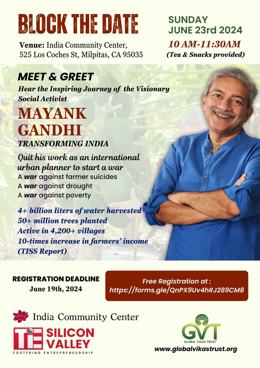 CA_SanjayParmar's tweet photo. 📢 Friends in #SanFrancisco, mark your calendars for Sunday, June 23rd, 2024! Join us for an exciting
 #MeetAndGreet event with Mayank Gandhi  hosted by #TieSiliconValley &amp; #GlobalVikasTrust. Get ready for a fantastic opportunity to connect &amp; network. https://t.co/P01t94iSCv