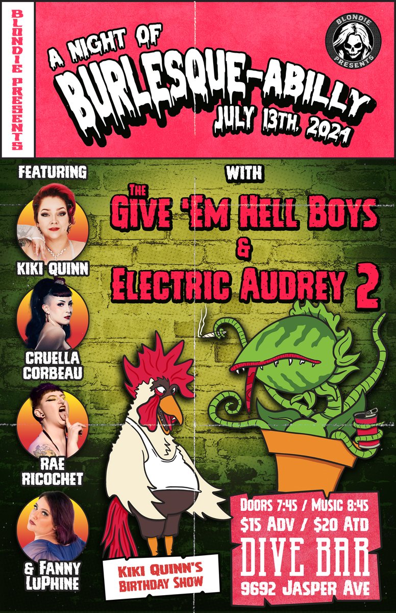 Show Announcement!
Dive Bar/Blondie presents:
Saturday, July 13th, 2024
A Night Of Burlesque-Abilly ft. The Give ‘Em Hell Boys, Electricaudrey2 &amp; Kiki Quinn , <a href="/CruellaCorbeau/">Cruella Corbeau 🤡</a> , Rae Ricochet , &amp; Fanny Luphine
18+
Adv: $15
Atd: $20
Tickets: ticketleap.events/tickets/blondi…