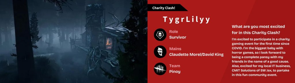 Another teammate of mine has yet to take the charity clash stage but is looking to go hard… even if only as a survivor. It’s a cohost of mine on the @JSBAnime cast: Tygrlilyy! You can see her prove it in July 6th!