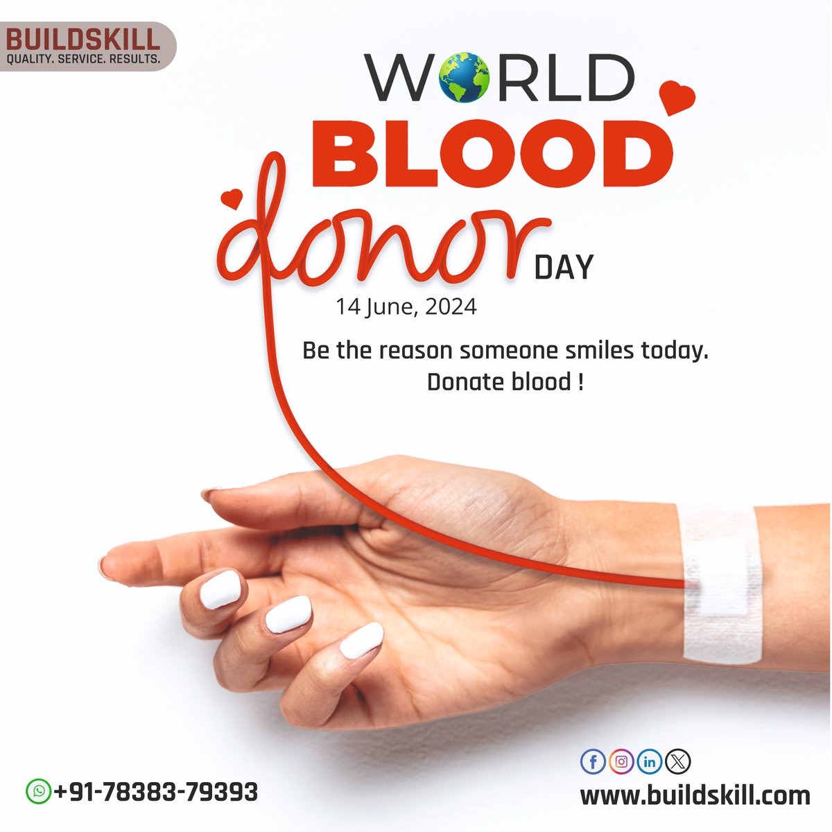 "We all are given the ability to save someone’s life and we must use it to bring smiles on faces. Wishing a very Happy World Blood Donor Day to you."  

🌐Website: buildskill.com 
📞Contact us:+91-7838379393
 
#worldblooddonorday #blooddonorday #blooddonation #Buildskill