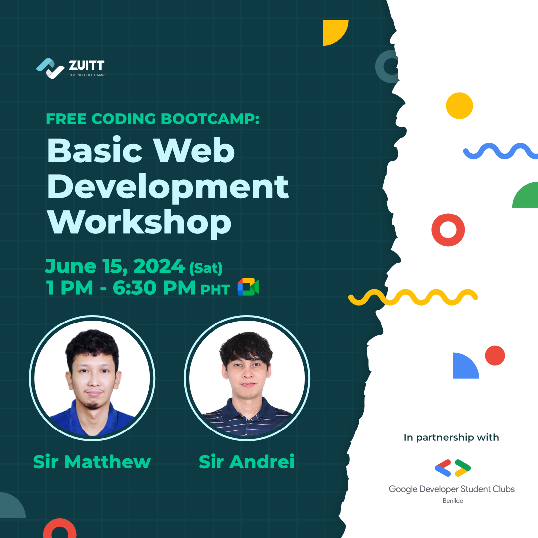 zuittco's tweet image. Catch Zuitt Instructors Matthew & Andrei as they lead the Free Coding Bootcamp on Saturday!
🗓 Save the date: June 15, 2024 (Saturday) 1 PM - 6:30 PM PHT
🙋 Register here: codenow.zuitt.co/FCBJune15Regis…
#FreeCodingBootcamp #ZuittCodingBootcamp