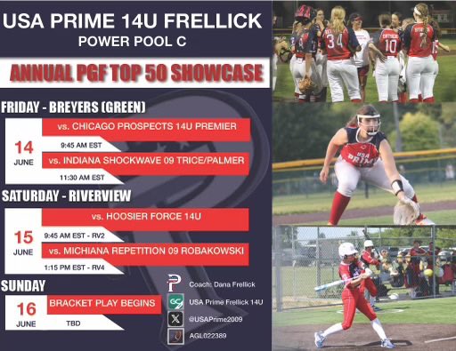 Can’t wait to hit the dirt this weekend at the Annual PGF Top 50 Showcase. Here’s our schedule: 
<a href="/usaprime2009/">USA Prime Frellick 14U (2027/2028)🥎</a> <a href="/WellesleySball/">Wellesley Softball</a> <a href="/TuftsSoftball/">Tufts Softball</a> <a href="/umichsoftball/">Michigan Softball</a> <a href="/NUSBcats/">Northwestern Softball</a> <a href="/CornellSoftball/">Cornell Softball</a> <a href="/DukeSOFTBALL/">Duke Softball</a>