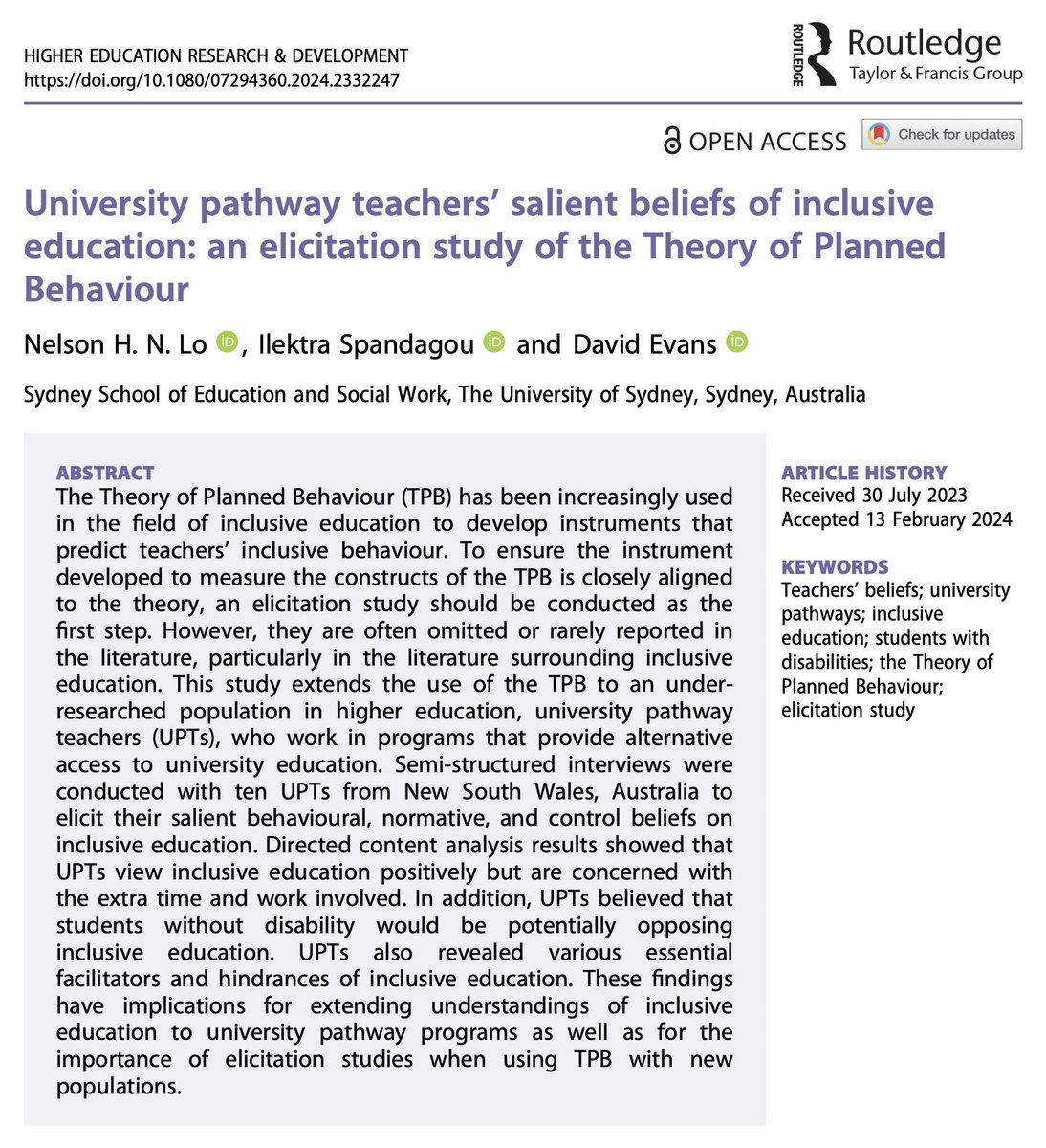 HERDJournal's tweet photo. University pathway teachers’ salient beliefs of inclusive education: an elicitation study of the Theory of Planned Behaviour

Lo, @Ilek715 &amp; Evans, @USyd_SSESW

🔓→ https://t.co/9fWBGz0WMO

#HigherEd #TheoryOfPlannedBehaviour #TeacherBeliefs #InclusiveEducation #PathwayPrograms https://t.co/A9iUCWNfIt