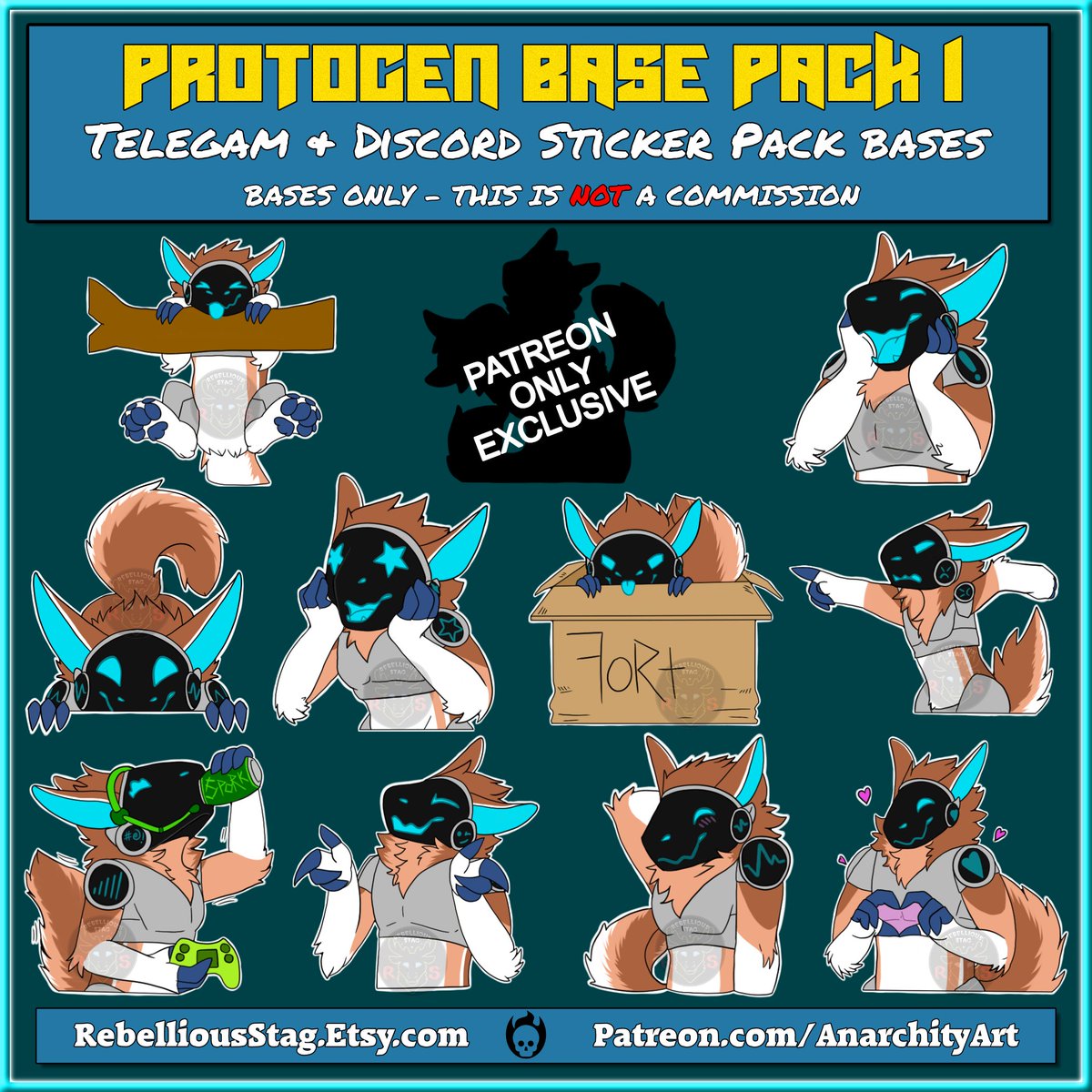 Beep Boop! Fresh from the presses! My new Protogen Sticker Pack from the month of June! 

Currently available on my Patreon! (a NSFW version is also available) 
patreon.com/anarchityart

Soon to be available on my Etsy shop and my Ko-Fi! Links in bio :)

#Protegen #Furry #Telegram