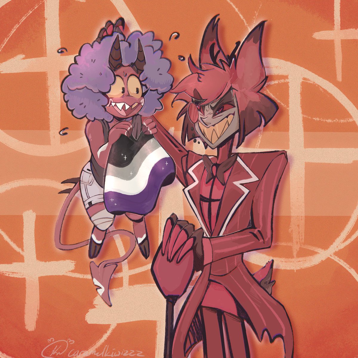 caramelkiwizzz's tweet photo. Halfway through pride month (and maybe a lil cringe) but better late than never. Happy Pride everyone!
 🖤🩶🤍💜

#AlastorHazbinHotel #impsona #hazbinfanart https://t.co/KbmAhNd3I7