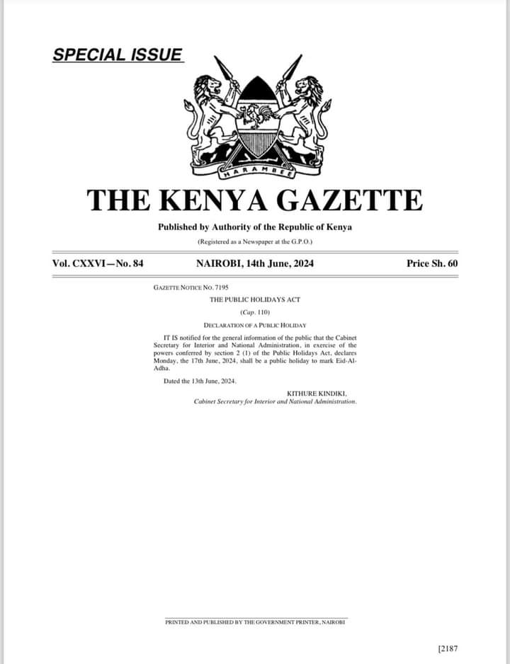 tv_western's tweet photo. Interior CS Prof Kithure Kindiki has gazetted Monday the 17th of June 2024 a public holiday to mark Eid Al Adha https://t.co/BM1x3Si3up