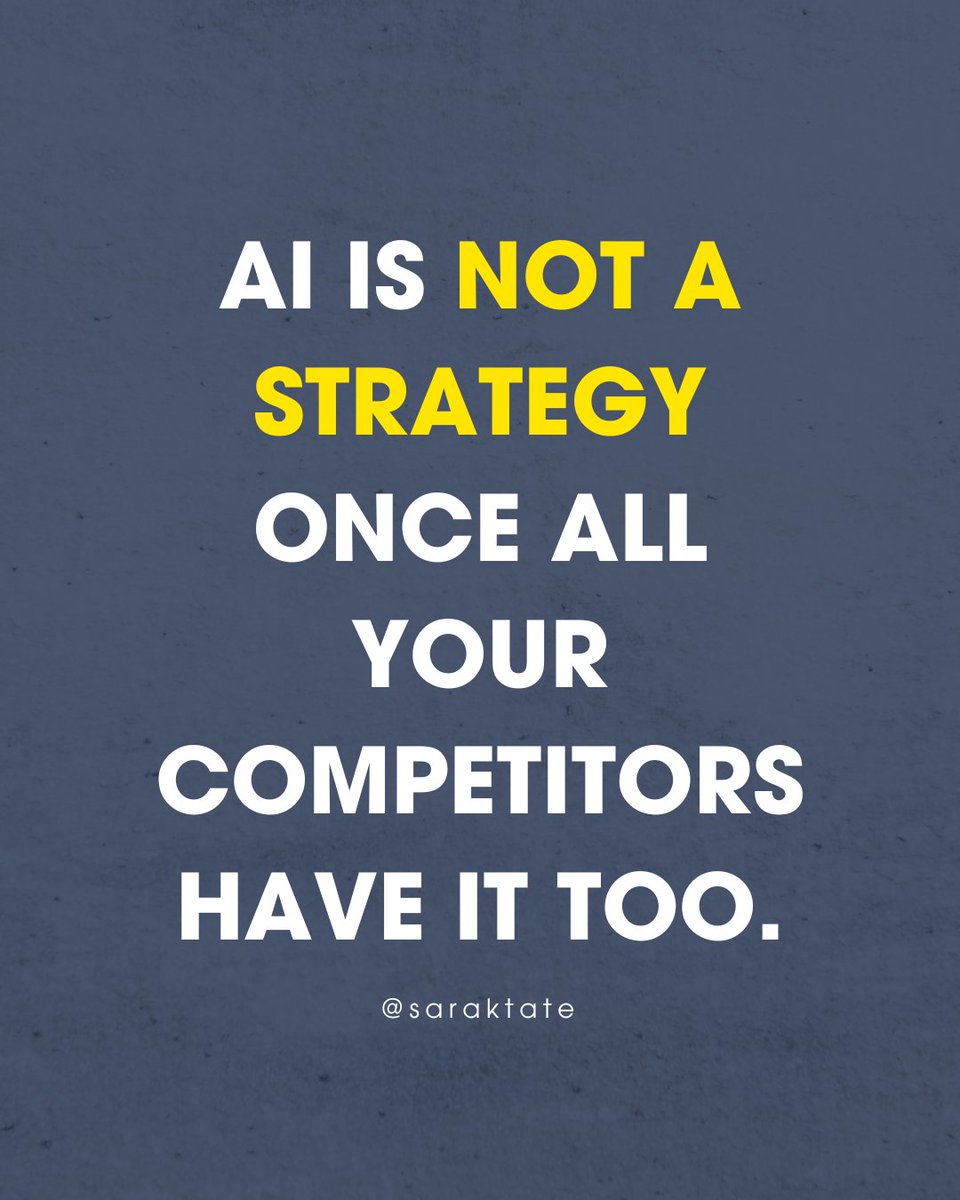 Sara Tate she/her (@saraktate) on Twitter photo AI is not a strategy once all your competitors have it too. š¤āØ
What makes AI truly transformative is not its presence but how distinctively itās woven into what makes your business unique. AI is not a strategy once all your competitors have it too. š¤āØ
What makes AI truly transformative is not its presence but how distinctively itās woven into what makes your business unique.