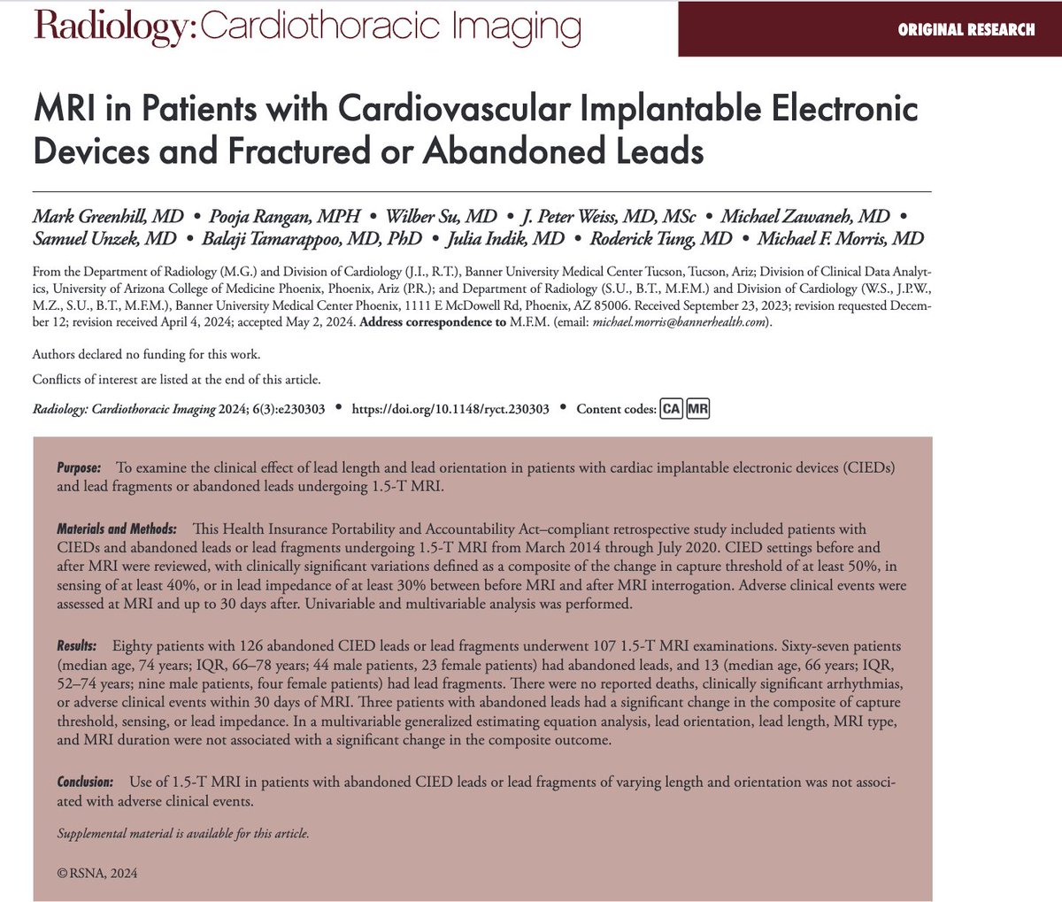 DrRoderickTung's tweet photo. In Press: The Banner – University Medical Center experience with MRI in Patients with Cardiovascular Implantable Electronic Devices and Fractured or Abandoned Leads 

https://t.co/uXkzbtLWWD https://t.co/f7WMnVTiTO