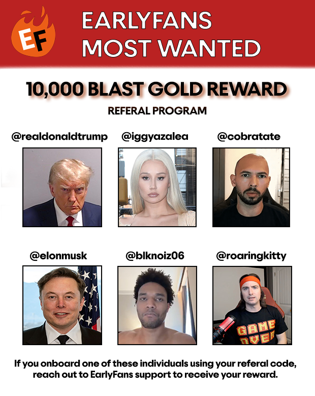 earlyfans_xyz's tweet photo. 🚨 EARLYFANS MOST WANTED 🚨

Want to maximise $GOLD before the $BLAST airdrop? 

Missed out on some GOLD distributions? 

Onboard one of these individuals to EarlyFans to receive 10,000 Gold 🪙 https://t.co/FAR9quiAYw